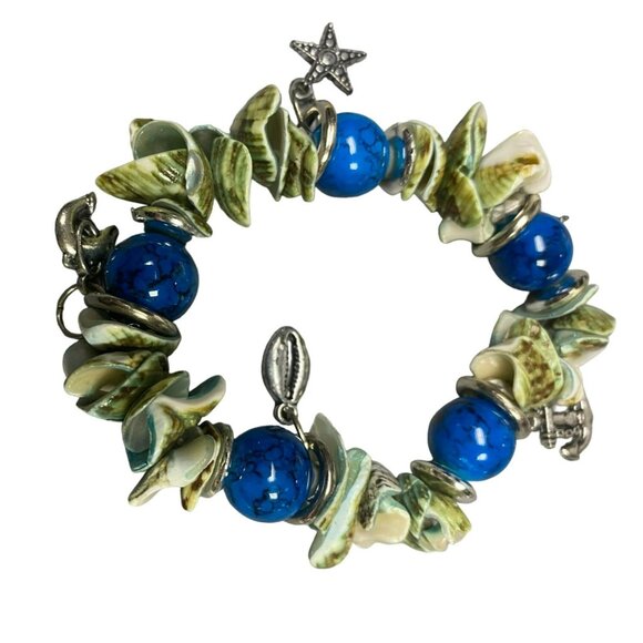 Vintage Puka Shell Ankle Bracelet and Vintage Green Shell and Blue Stone Beaded - Picture 5 of 6